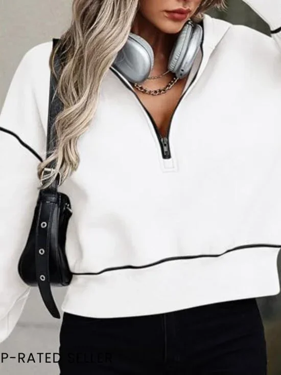 Half Zip Cropped Hoodie Pullover Fleece Lined Y2K Chic Oversized Winter Fashion - Picture 6 of 7